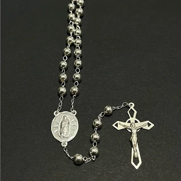 Large 925 Sterling Silver Rosary 24” 5mm Beads Rosario De Plata Handmade Italy - Picture 5 of 7